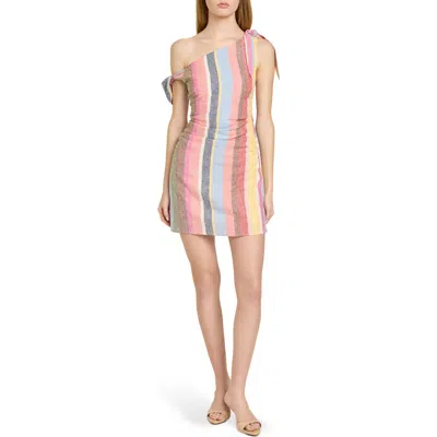 Wayf X Hannah Lovey Porter Bahia Stripe One-shoulder Linen Blend Minidress In Multi