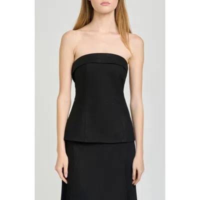 Wayf X Hannah Lovey Porter Delaney Strapless Linen Blend Peplum Top In Black