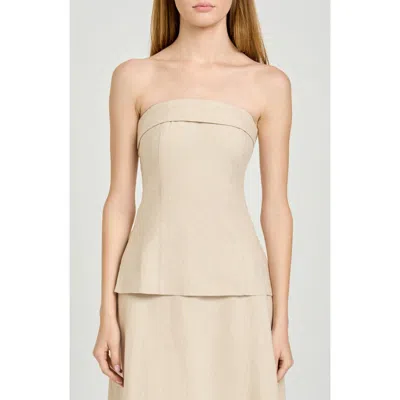 Wayf X Hannah Lovey Porter Delaney Strapless Linen Blend Peplum Top In Brown