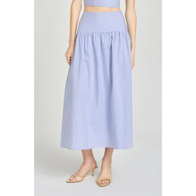 Wayf X Hannah Lovey Porter Georgia Directional Stripe Cotton Blend Midi Skirt In Blue