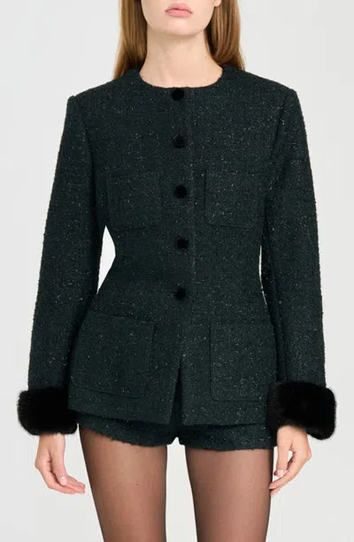 Wayf X Rose Lola Bouclé Jacket With Faux Fur Cuffs In Emerald