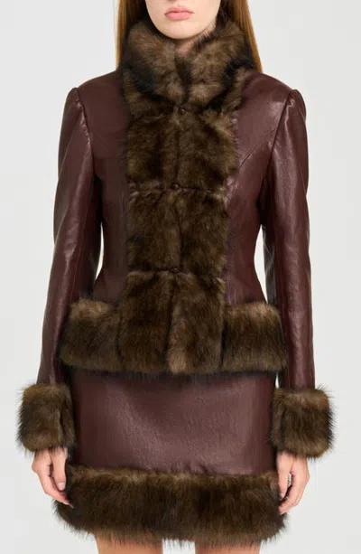 Wayf X Rose Lola Mercer Faux Fur Trim Faux Leather Jacket In Chocolate