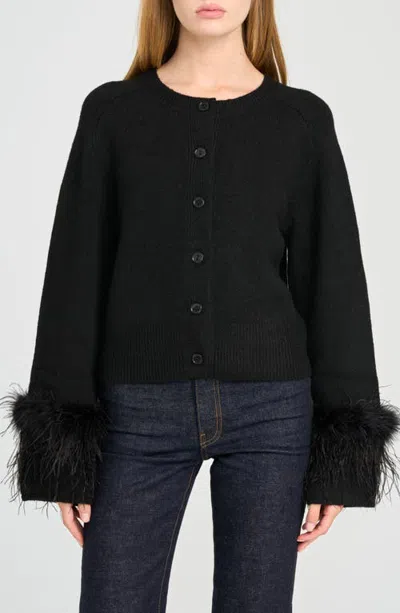 Wayf X Rose Lola Prince Feather Trim Cardigan In Black