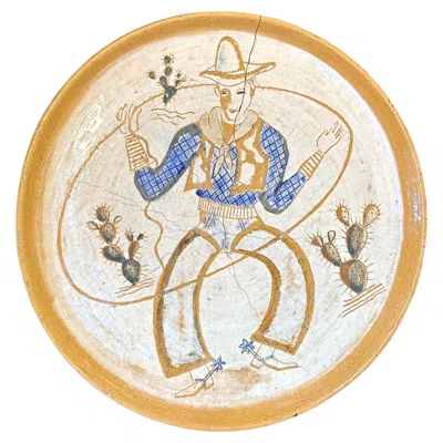 Pre-owned Waylande Gregory Cowboy With Lasso And Spurs, Unique, Large Art Deco Wall Charger By Gregory In Beige