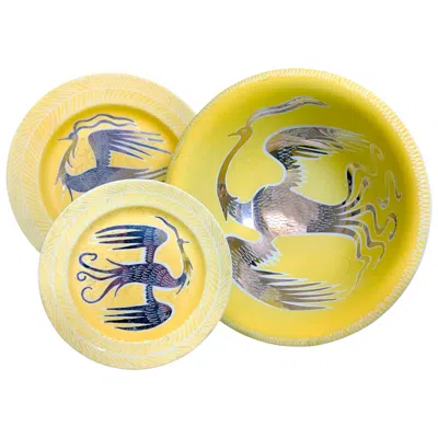 Pre-owned Waylande Gregory Flying Phoenix,  Unique Set Of Art Deco Plates & Bowls, Lemon Yellow & Silver