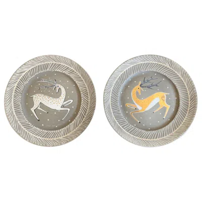 Pre-owned Waylande Gregory Leaping Gazelles,  Rare Pair Of Art Deco Porcelain Plates By  In Gray