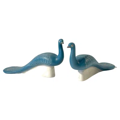 Pre-owned Waylande Gregory Pair Of Blue Peacocks Sculptures, By