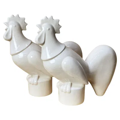 Pre-owned Waylande Gregory Pair Of Large  White Glazed Ceramic Rooster Sculptures, C. 1940s