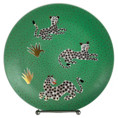 Pre-owned Waylande Gregory Studio Leopards Ceramic Charger With Stand In Blue