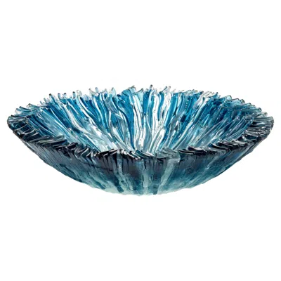 Pre-owned Wayne Charmer Bloom Bowl In Aqua, A Textured Fused Glass Bowl / Centrepiece By  In Blue