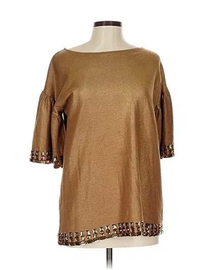 Pre-owned Wdny 3/4 Sleeve Top Brown Solid Pattern Boatneck Tops