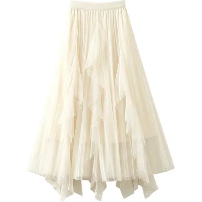 Wdny Faux Pearl Mesh Midi Skirt In Neutral