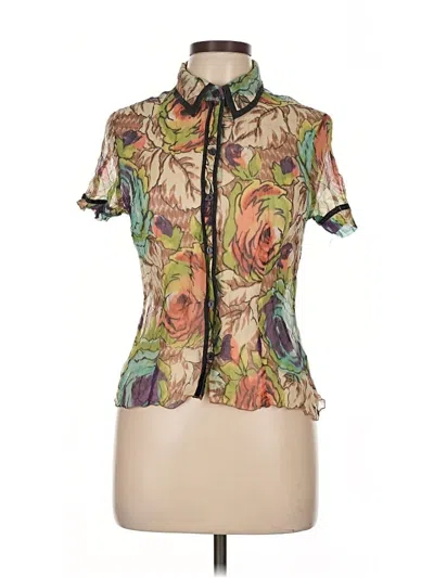 Pre-owned Wdny Short Sleeve Silk Top Green Floral Pattern Mock Neckline Tops