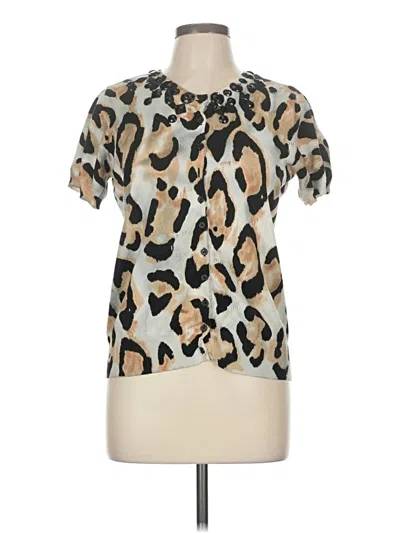 Pre-owned Wdny Short Sleeve Top Tan Animal Print Pattern Keyhole Neckline Tops In Brown