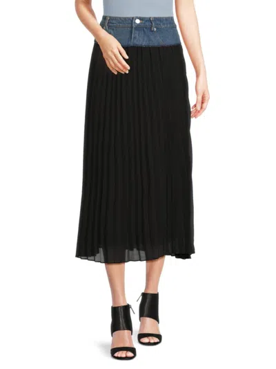 Wdny Women's Mix Media Pleated Midi Skirt In Black
