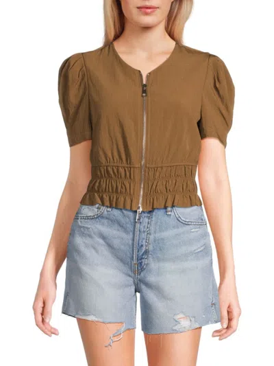 Wdny Women's Shirred Zip Front Crop Top In Brown