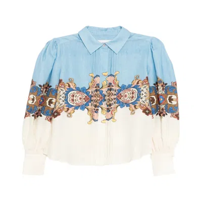 We Are Kindred Women's Blue Evelyn Placement Linen Puff Sleeve Shirt