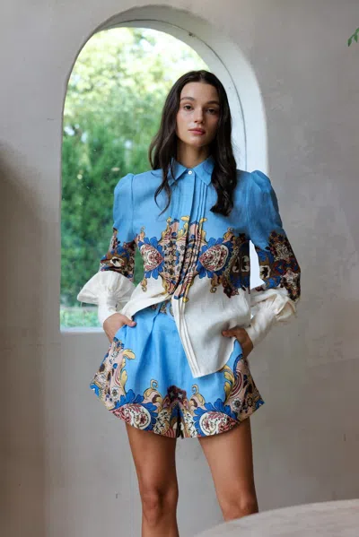 We Are Kindred Women's Blue / White Evelyn Linen Puff Sleeve Shirt-blue