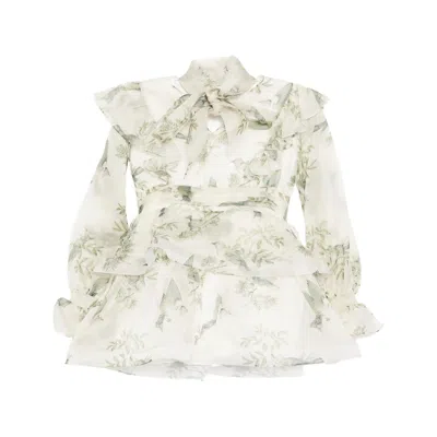 We Are Kindred Women's Green / White Maeve Silk Organza Tie Neck Mini Dress