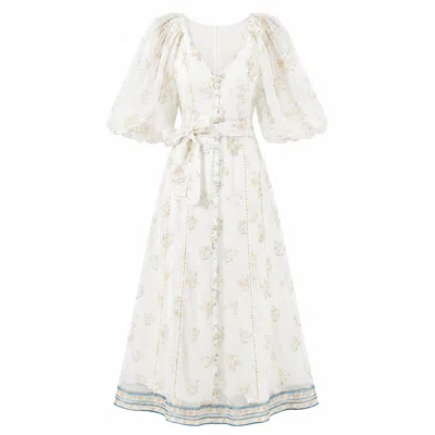 We Are Kindred Women's White Cynthia Silk Puff Sleeve Maxi Dress-floating Bouquet