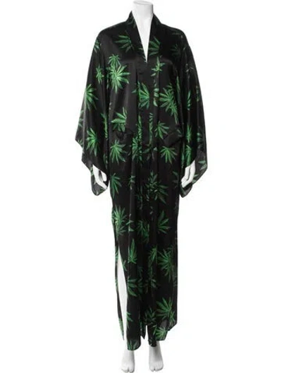 Pre-owned We Are Leone Silk Graphic Print Robe In Black