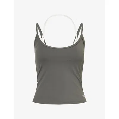 We Are Tala Omens Dayflex Layered Stretch-jersey Top Dark Olive/ivory