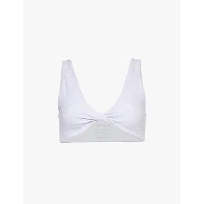 We Are Tala Omens Grey Marl Dayflex Twist Plunge-neck Stretch Recycled-nylon Sports Bra