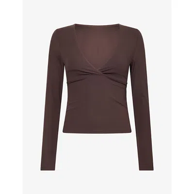 We Are Tala Omens Dayflex V-neck Stretch-woven Top Americano Xs In Brown