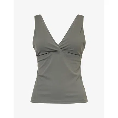 We Are Tala Omens Dayflex V-neck Stretch-woven Top Dark Olive Xl In Gray