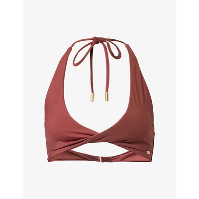 We Are Tala Omens Deep Rust Contrast Twist Bikini Top Xl In Burgundy