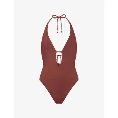 We Are Tala Omens Deep Rust Halter-neck Tie-back Swimsuit In Brown