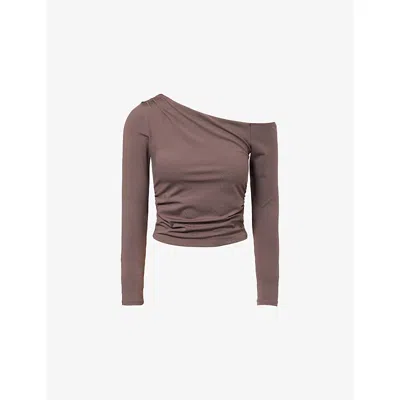 We Are Tala Omens Deep Taupe 365 Asymmetric Long-sleeve Stretch-woven Top Xs In Brown