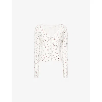 We Are Tala Omens Ivory Printed Graphic-pattern V-neck Cotton Pyjama Top Xs