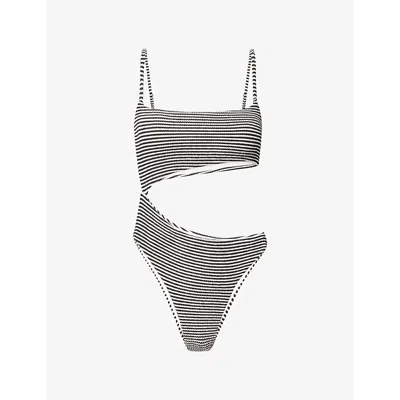 We Are Tala Omens Ivory/black Crinkle Stripe-pattern Cut-out Swimsuit In Gray