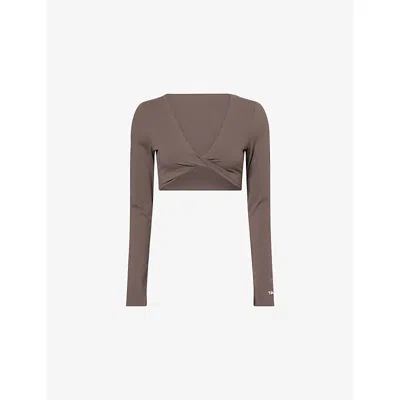 We Are Tala Omens Mocha Brown Dayflex Twist-front Long-sleeve Stretch-woven Top Xs