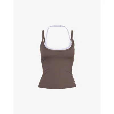 We Are Tala Omens Mocha Brown Embroidered-logo Double-layer Stretch-woven Top