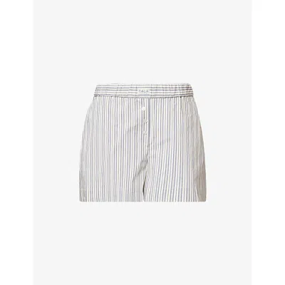 We Are Tala Omens Navy Stripe Striped Relaxed-fit Cotton Shorts Xs In Blue