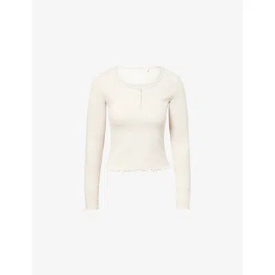 We Are Tala Omens Oat Marl Henley Scoop-neck Stretch-woven Top In Neutral