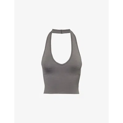 We Are Tala Omens Sculpt Seamless Halterneck Stretch-woven Top Dark Olive Marl