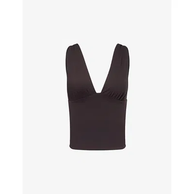 We Are Tala Omens Shadow Black 365 Ruched Deep Plunge Stretch-woven Top In Brown