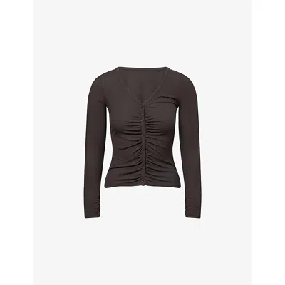 We Are Tala Omens Espresso 365 Sculpting Lounge Gathered Button-up Stretch-modal Cardigan Xs In Brown