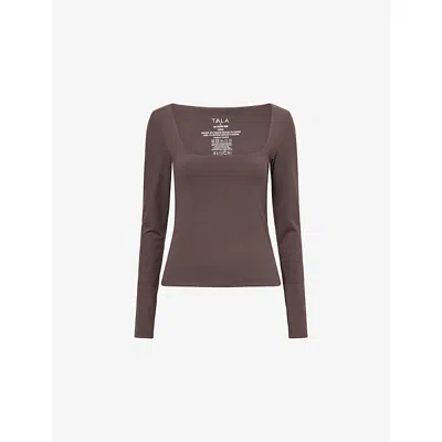 We Are Tala Omens Mocha Brown 365 Square-neck Long-sleeve Stretch-jersey Top