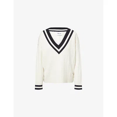 We Are Tala Omens  V-neck Oversized Knitted Cricket Jumper In White