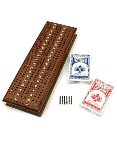 We Games 3 Track Sprint Cabinet Cribbage Set With Metal Pegs & 2 Card Decks In Brown