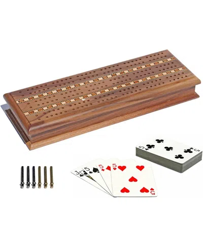 We Games 3 Track Sprint Cabinet Cribbage Set With Metal Pegs & 2 Card Decks In Brown