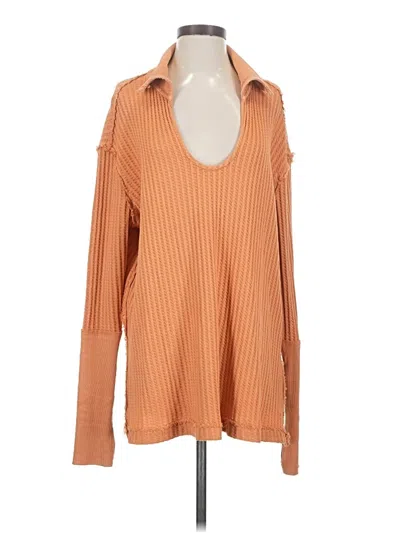 Pre-owned We The Free Long Sleeve Top Orange Solid Pattern Collared Neckline Tops