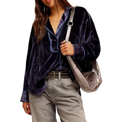 We The Free Womens Collar Velour Pullover Top In Blue