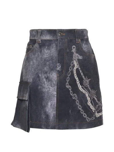 We11 Done Acid-wash Chain-print Mini Skirt In Purple