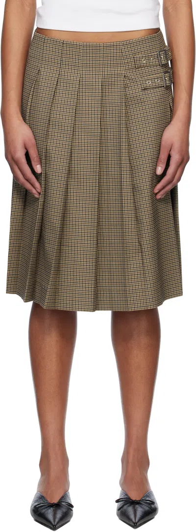 We11 Done Beige Checkered Pleated Midi Skirt
