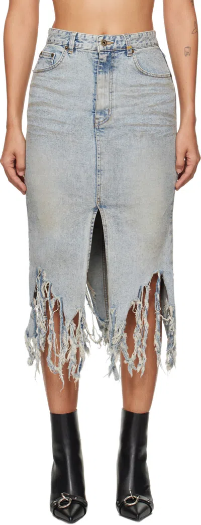 We11 Done Blue Distressed Denim Midi Skirt In Sky